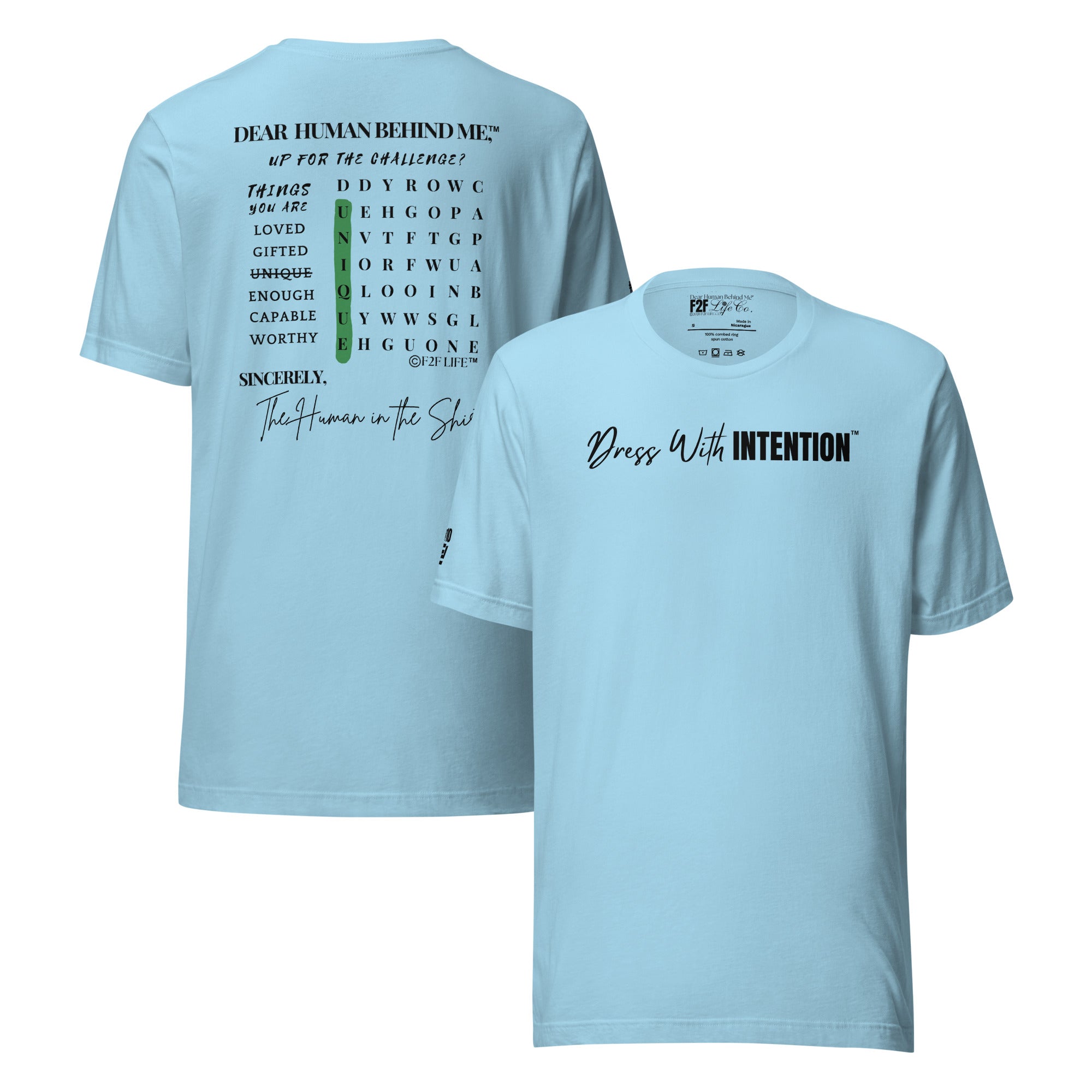 Dear Human Behind Me™ ocean blue shirt Message #10 front and back view