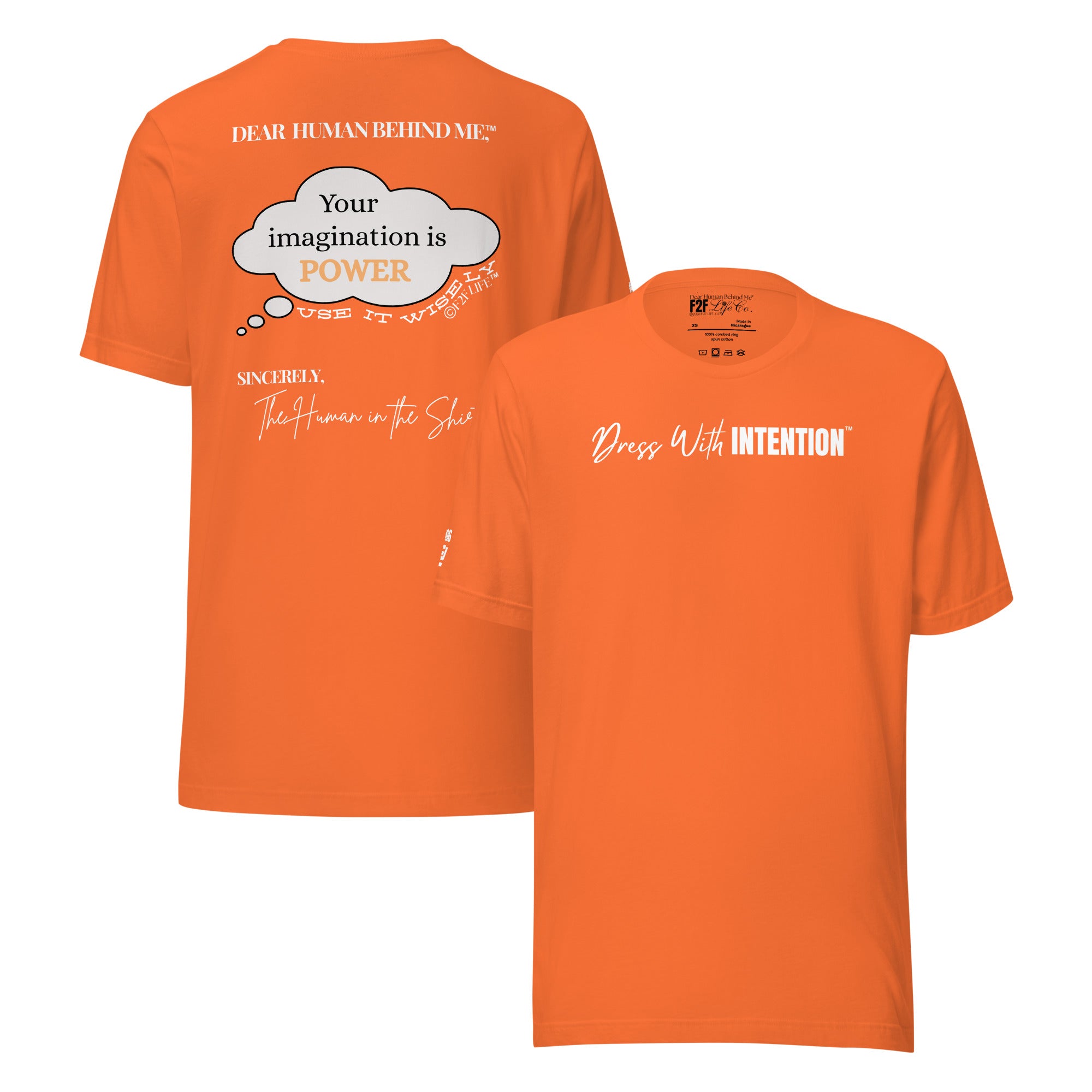 Dear Human Behind Me™ orange shirt Message #06 front and back view