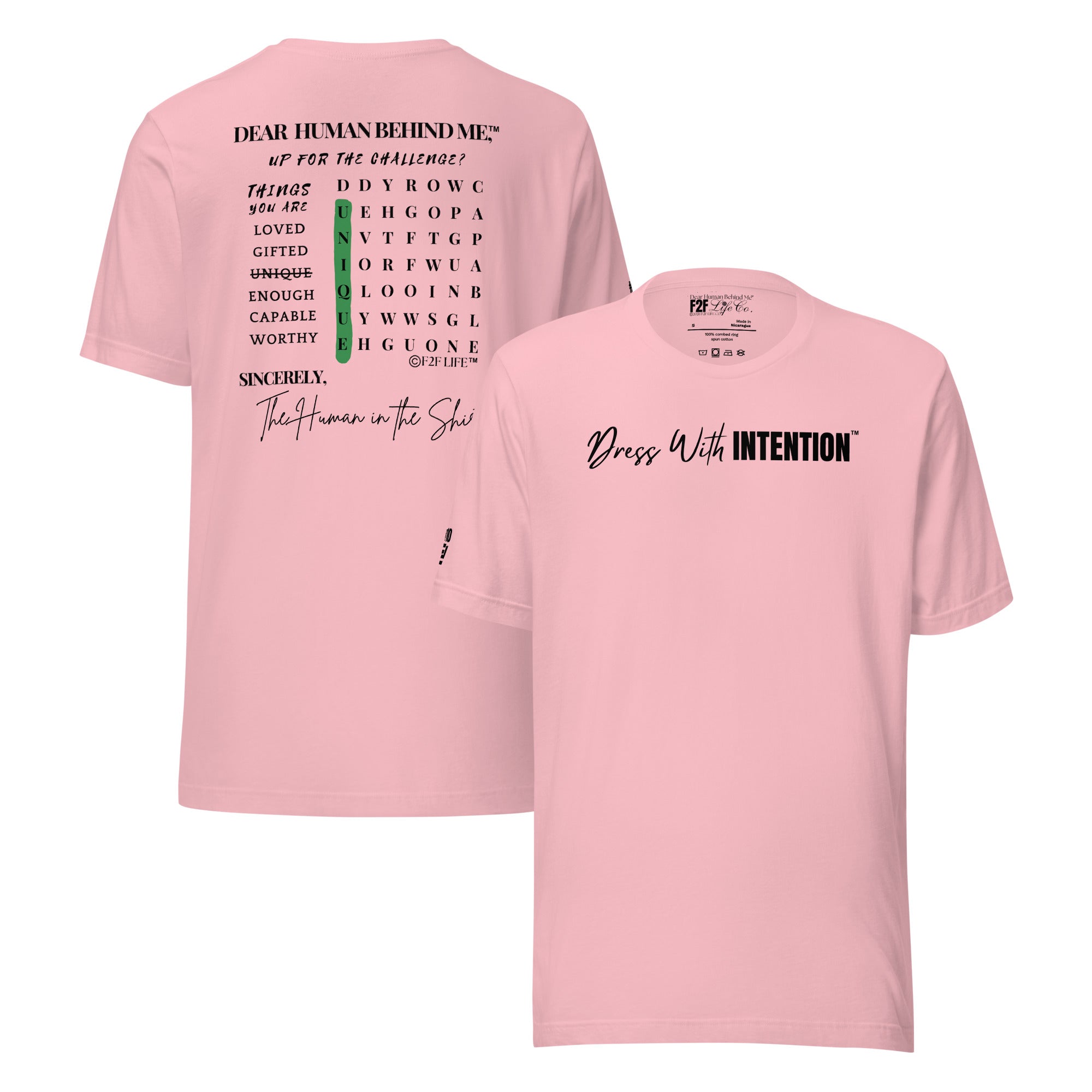Dear Human Behind Me™ pink shirt Message #10 front and back view