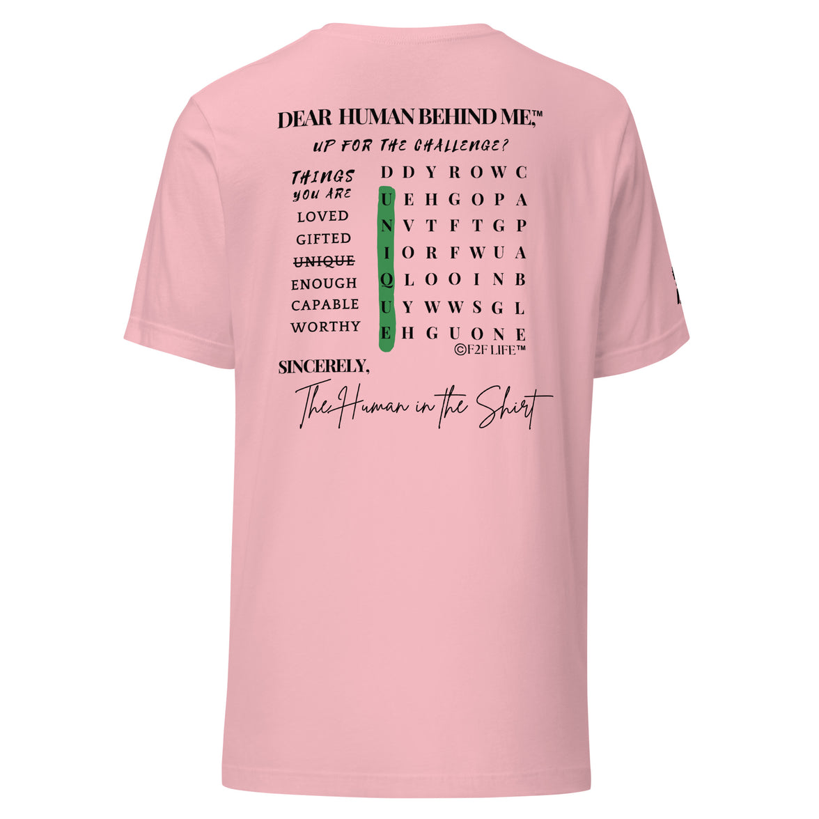 Dear Human Behind Me™ pink shirt Message #10 things you are back view