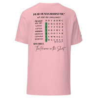 Dear Human Behind Me™ pink shirt Message #10 things you are back view