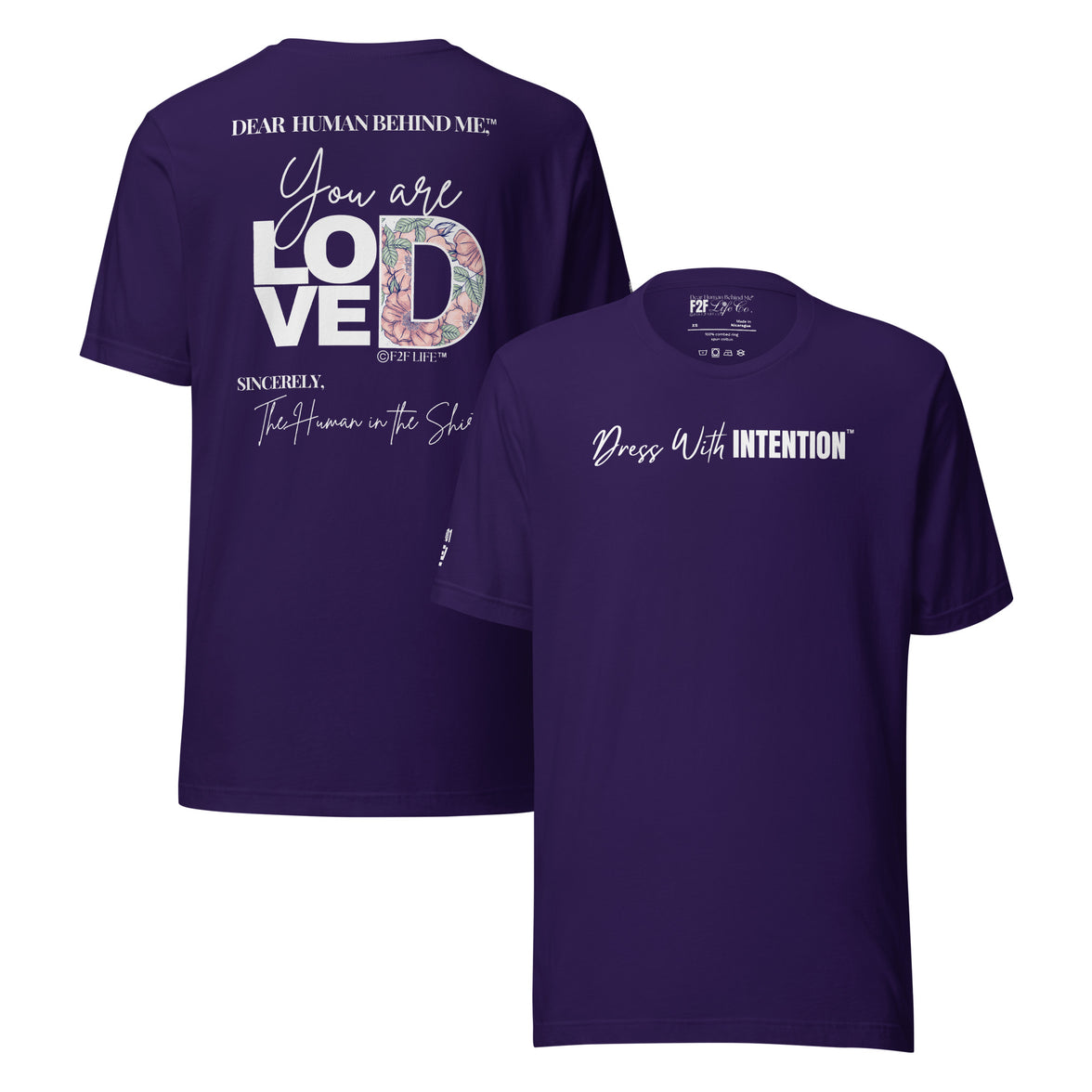 Dear Human Behind Me™ purple shirt Message #01 front and back view