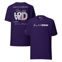 Dear Human Behind Me™ purple shirt Message #01 front and back view
