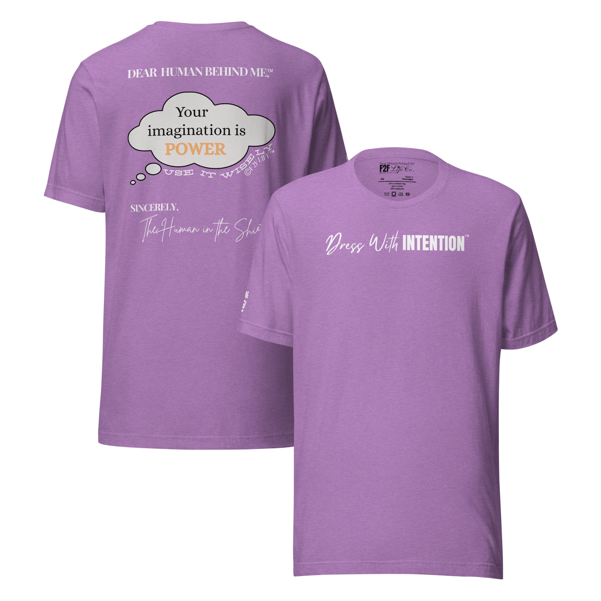 Dear Human Behind Me™ purple shirt Message #06 front and back view