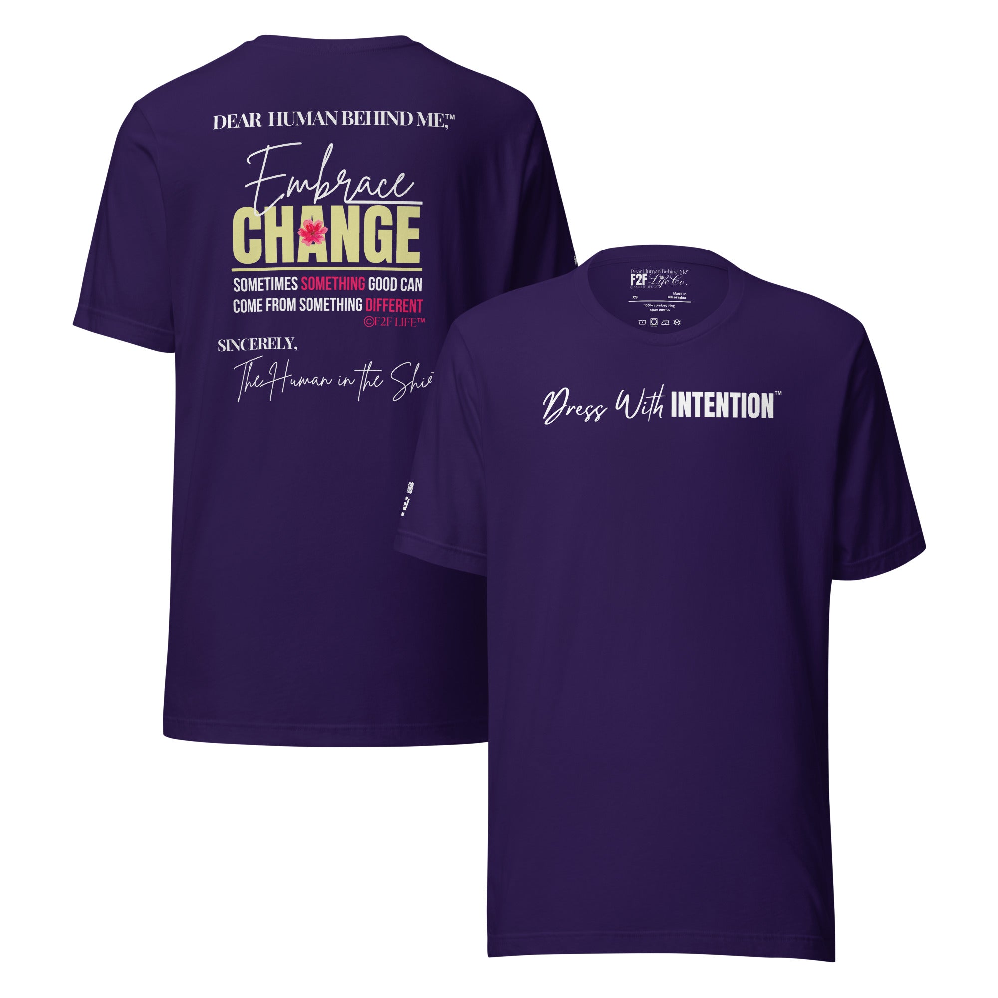 Dear Human Behind Me™ purple shirt Message #08 front and back view