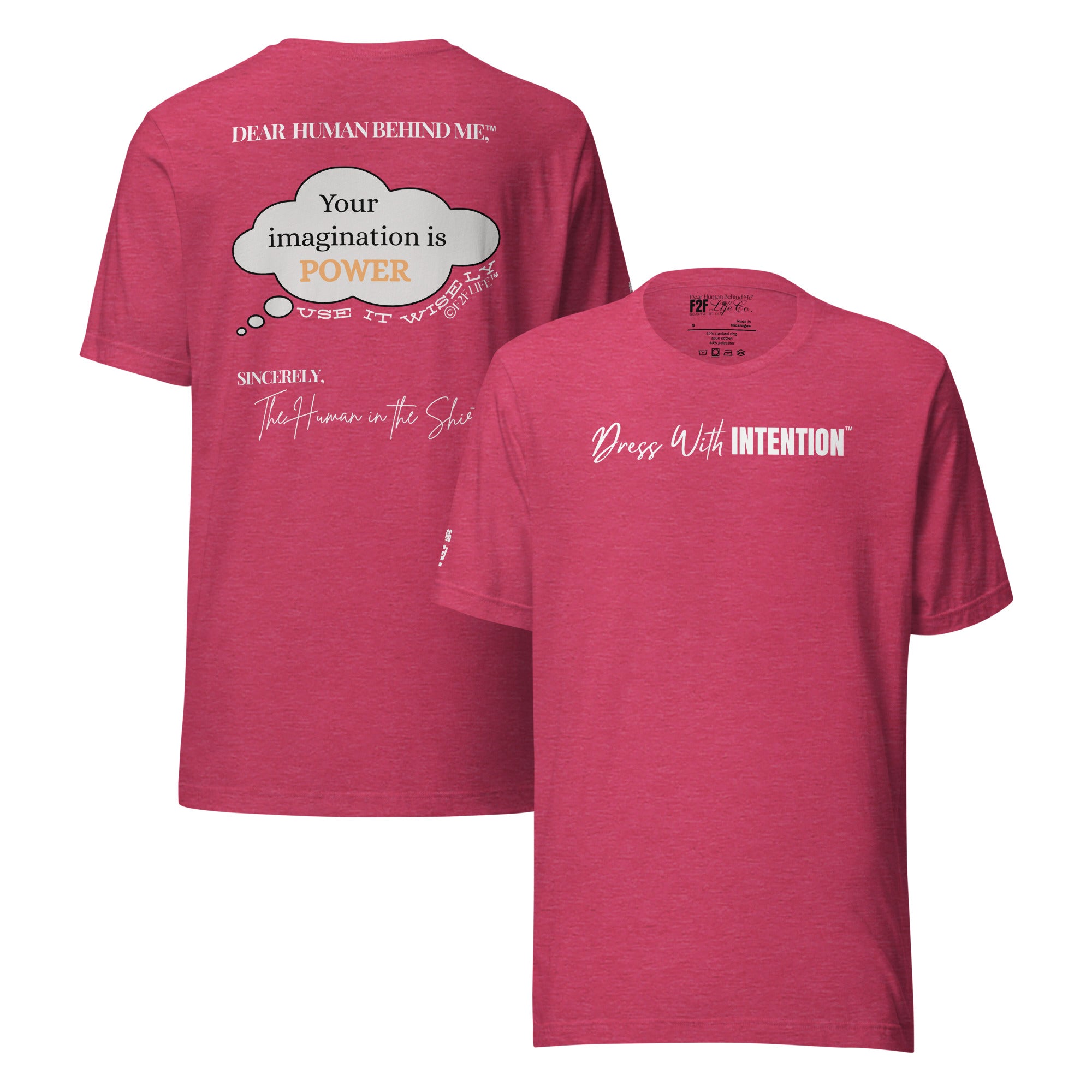 Dear Human Behind Me™ raspberry shirt Message #06 front and back view
