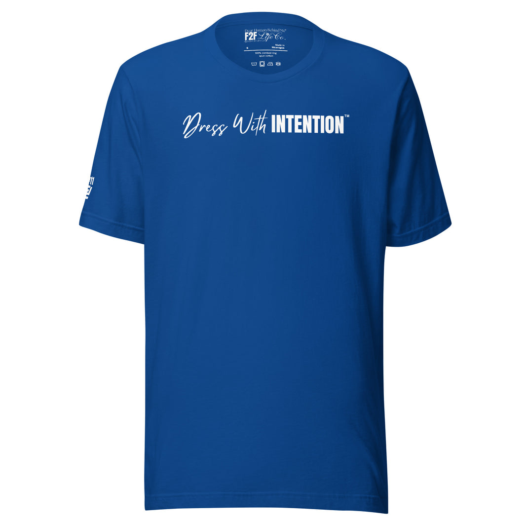 Dear Human Behind Me™ royal blue shirt Message #11 dress with intention front view