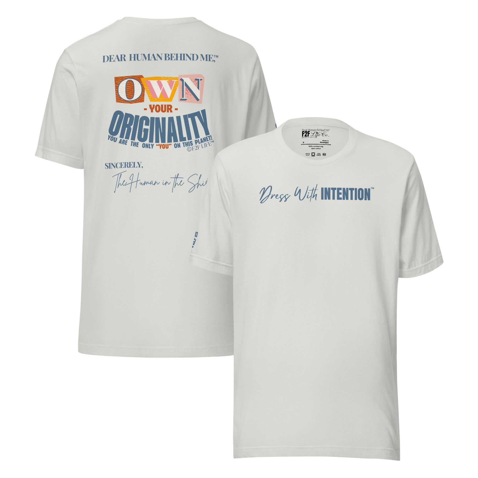 Dear Human Behind Me™ silver shirt Message #03 front and back view