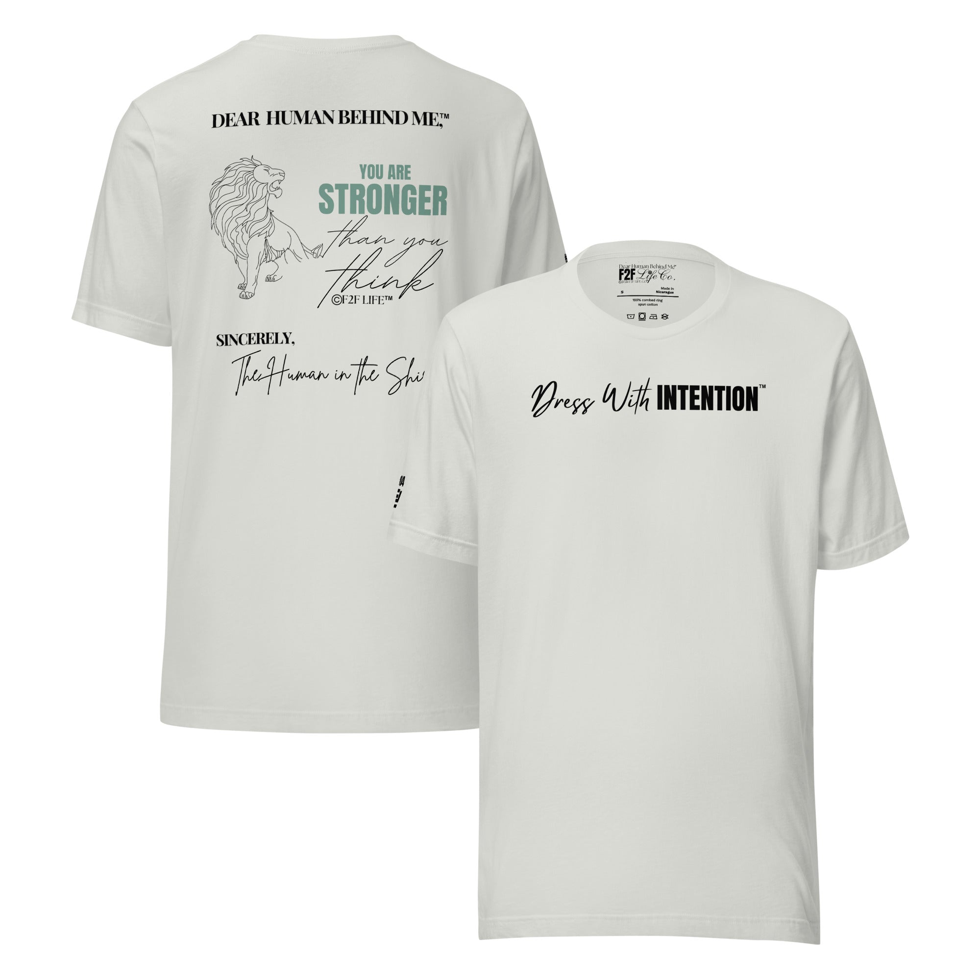 Dear Human Behind Me™ silver shirt Message #04 front and back view