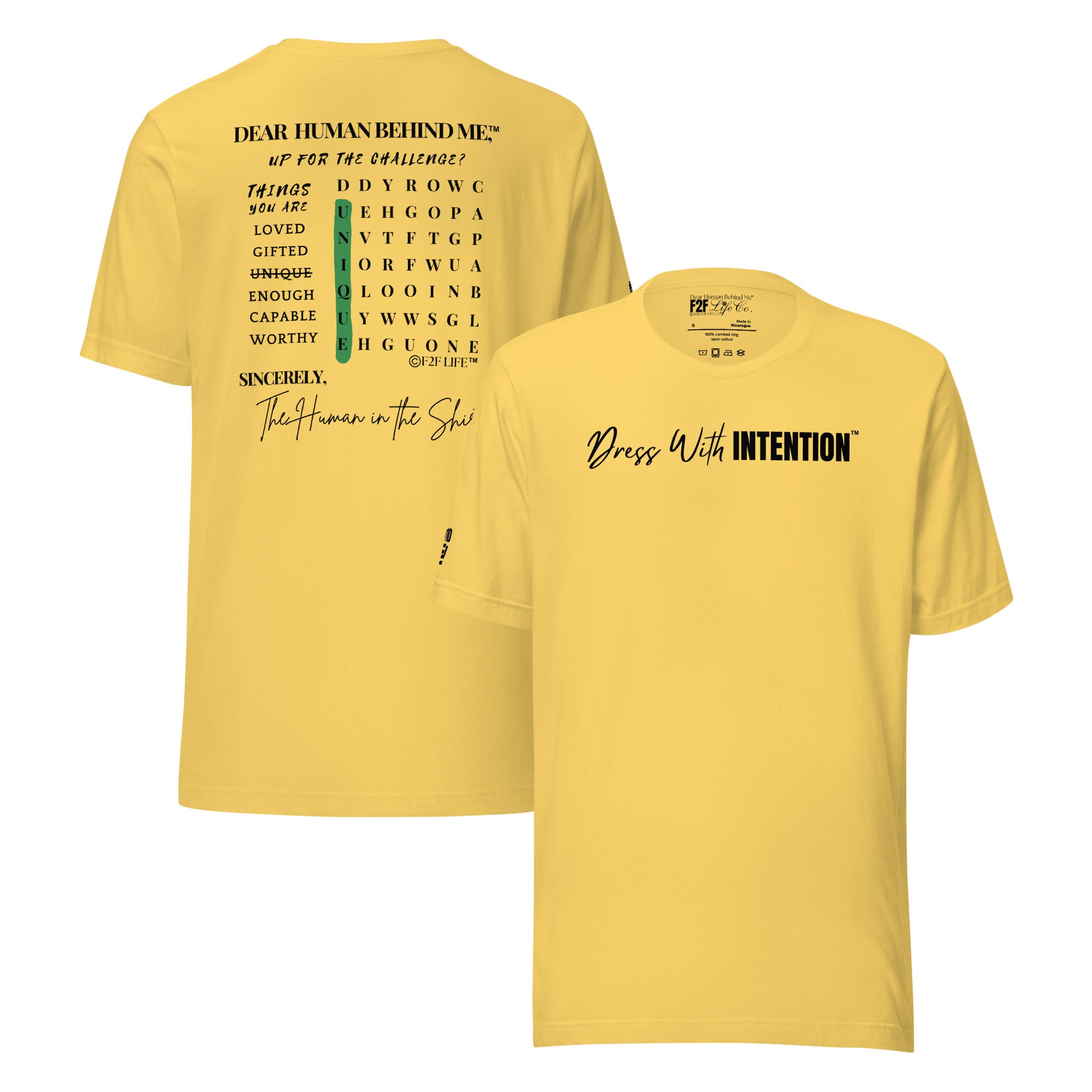 Dear Human Behind Me™ yellow shirt Message #10 front and back view