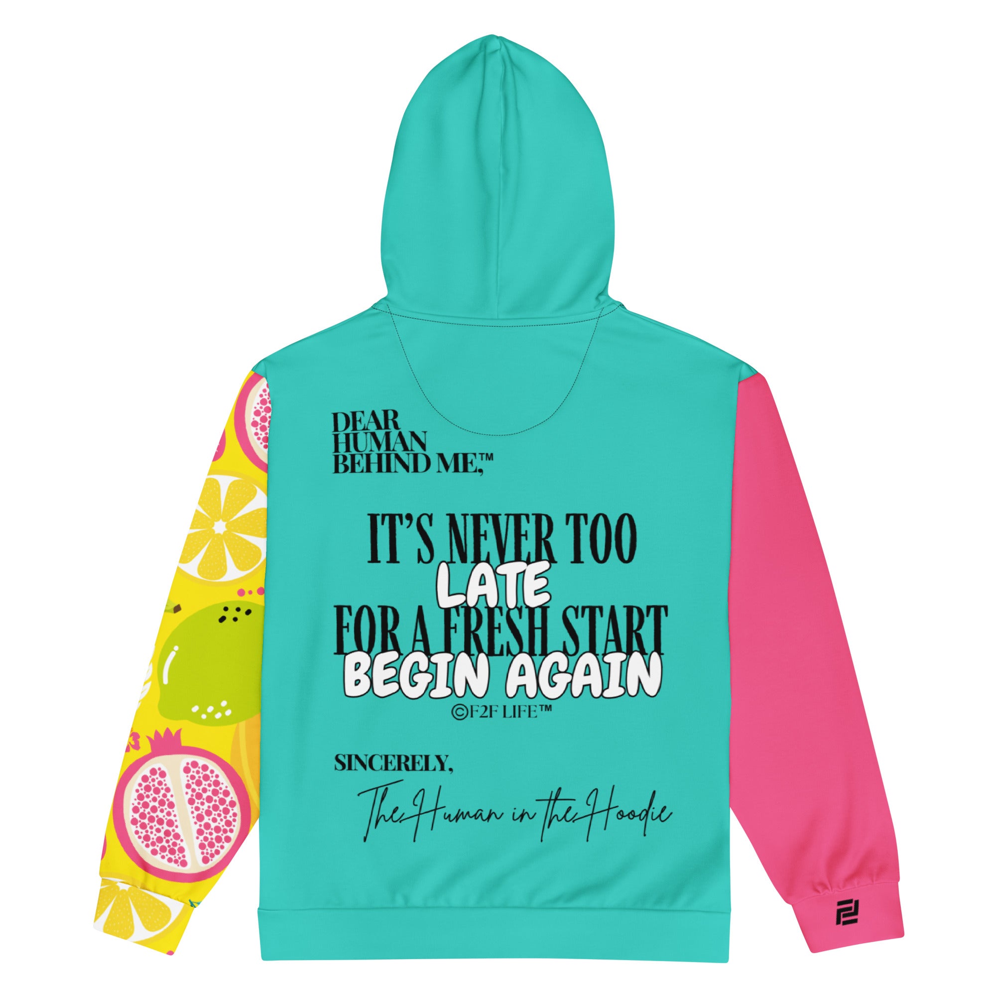 Dear Human Behind Me™ zip hoodie Message #09 begin again flat back view