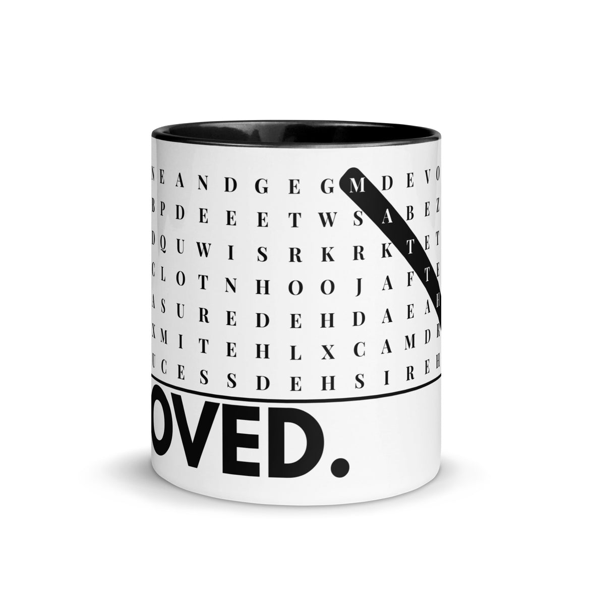 F2F Life black beloved word search coffee mug with hidden affirmations, 11oz