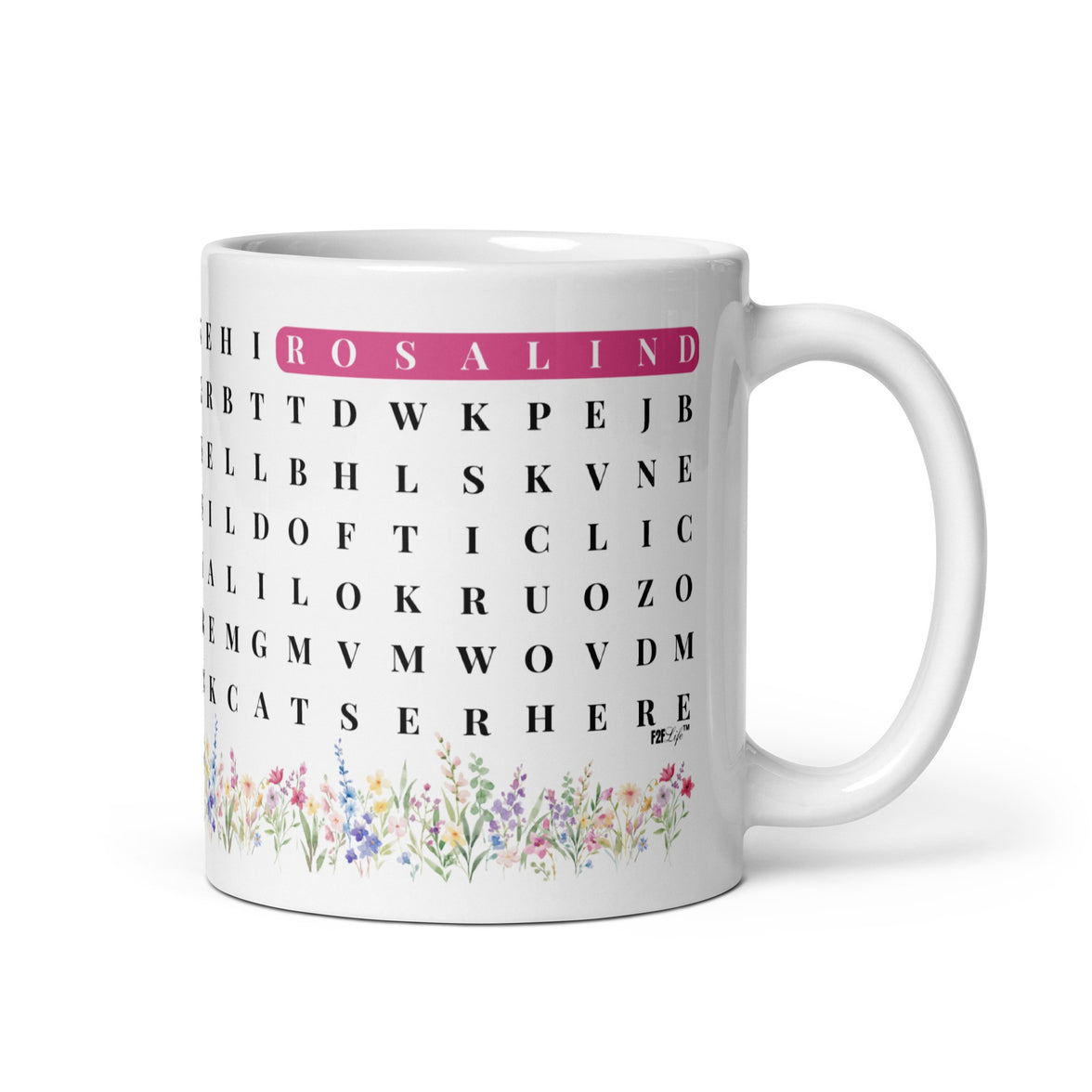 F2F Life personalized glossy word search mug with custom name horizontal, 11oz mug pink