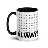 F2F Life black always enough word search mug, 15oz glossy ceramic coffee cup