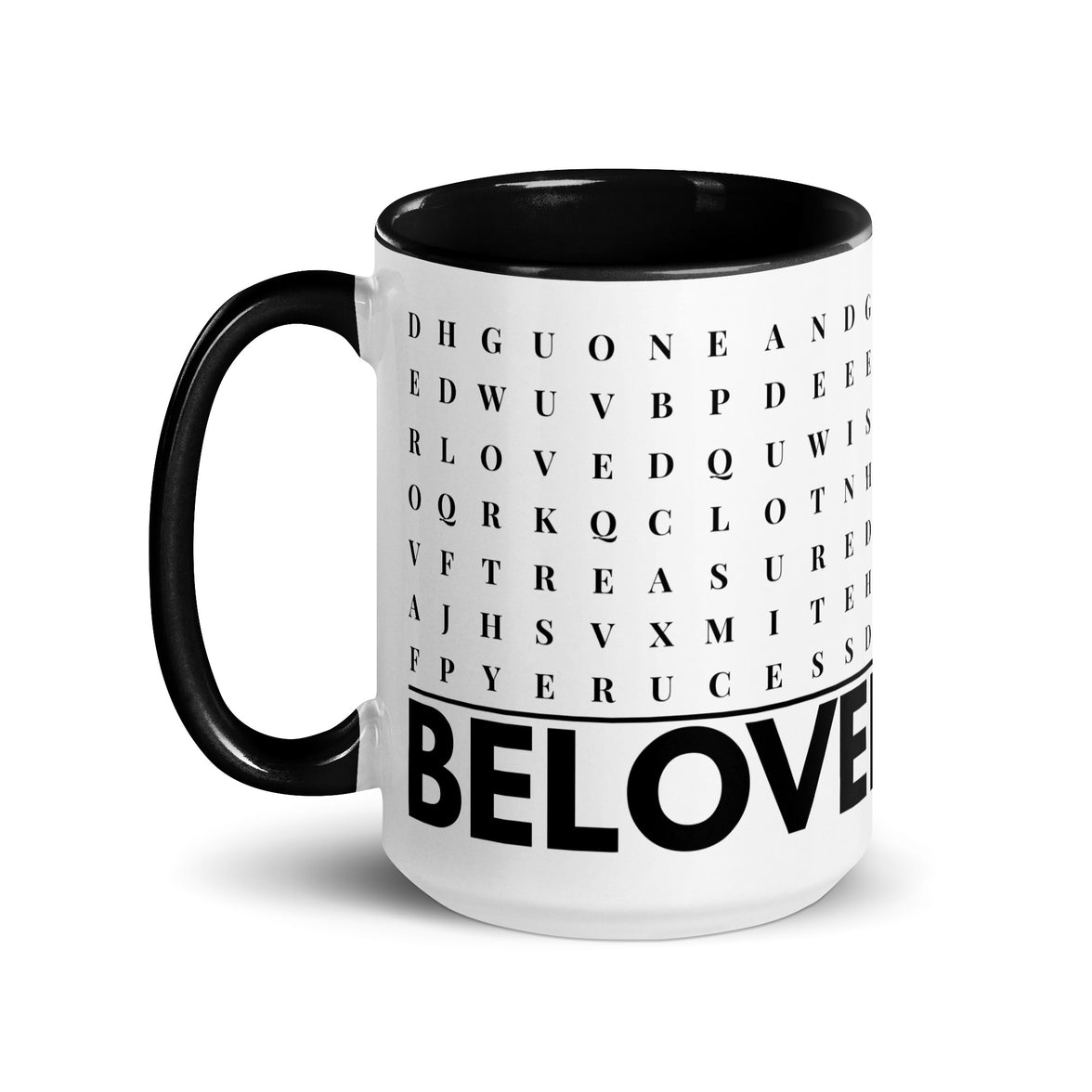F2F Life black beloved word search mug, 15oz glossy ceramic coffee cup