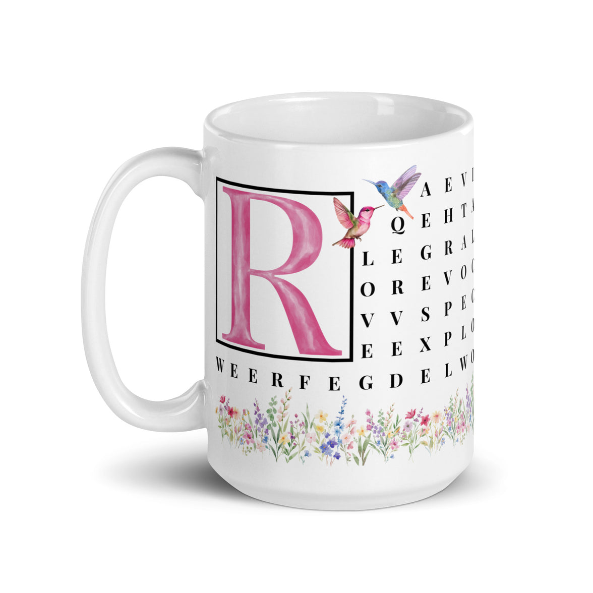 F2F Life floral word search mug with pink initial, 15oz glossy ceramic coffee cup