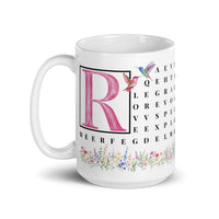 F2F Life floral word search mug with pink initial, 15oz glossy ceramic coffee cup