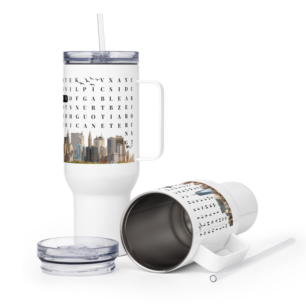 F2F Life success NYC word search travel tumbler 40oz glossy upright and inside view