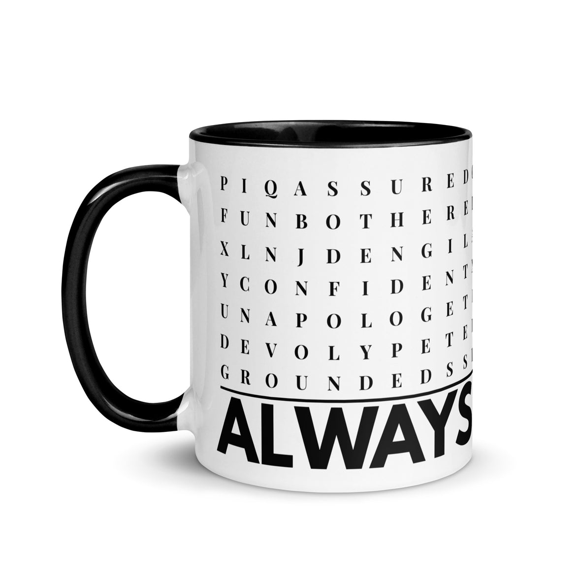 F2F Life black always enough word search mug, 11oz glossy ceramic coffee cup