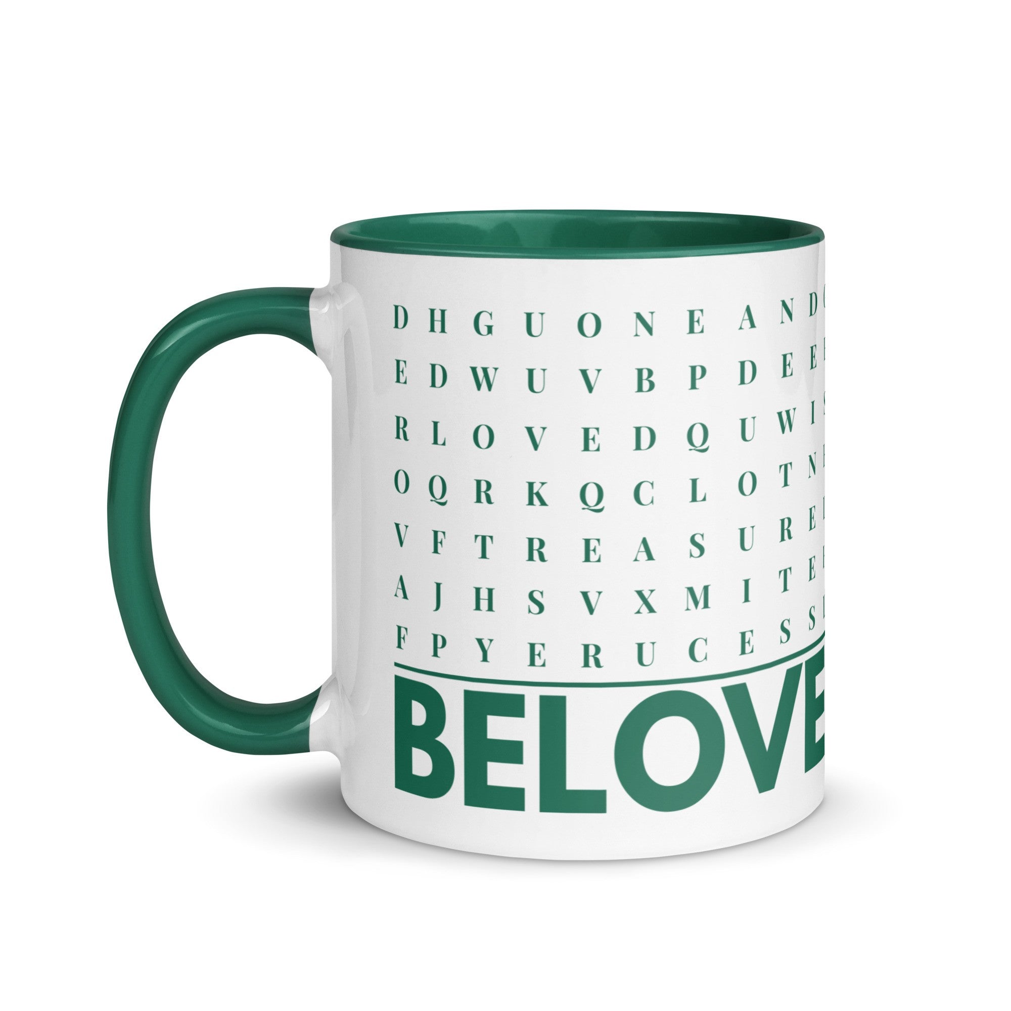 F2F Life green beloved word search mug, 11oz glossy ceramic coffee cup