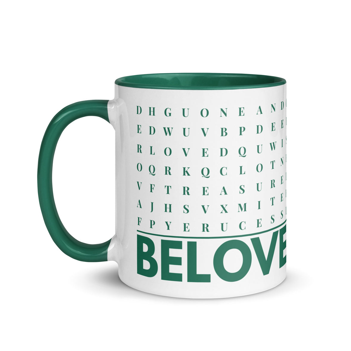 F2F Life green beloved word search mug, 11oz glossy ceramic coffee cup