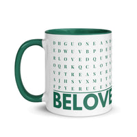 F2F Life green beloved word search mug, 11oz glossy ceramic coffee cup