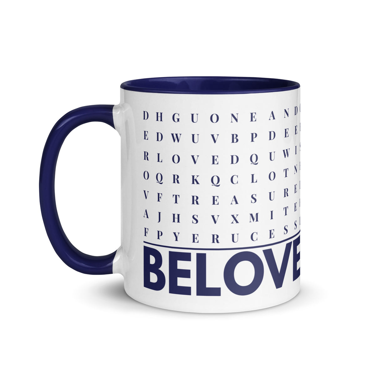 F2F Life navy beloved word search mug, 11oz glossy ceramic coffee cup