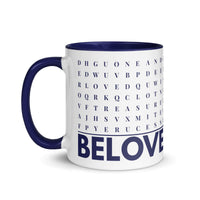 F2F Life navy beloved word search mug, 11oz glossy ceramic coffee cup