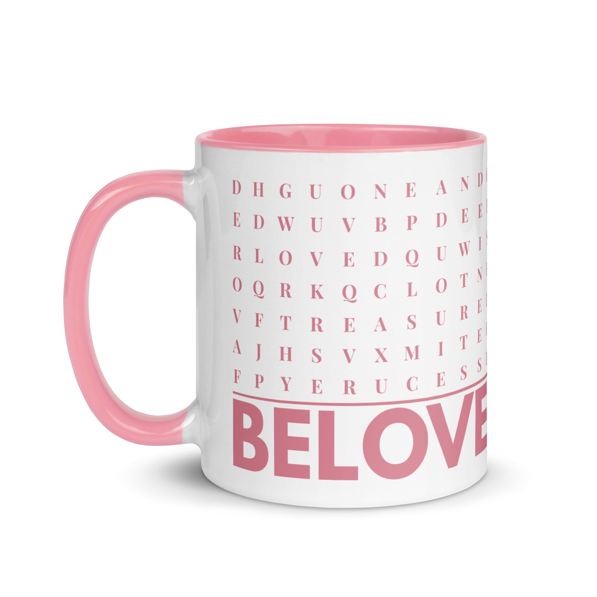 F2F Life pink beloved word search mug, 11oz glossy ceramic coffee cup