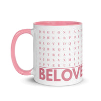 F2F Life pink beloved word search mug, 11oz glossy ceramic coffee cup