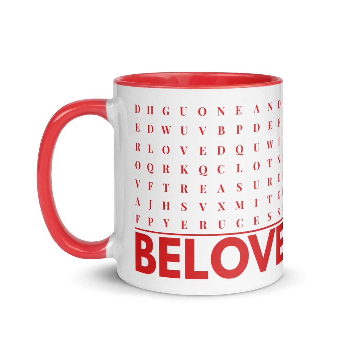 F2F Life red beloved word search mug, 11oz glossy ceramic coffee cup
