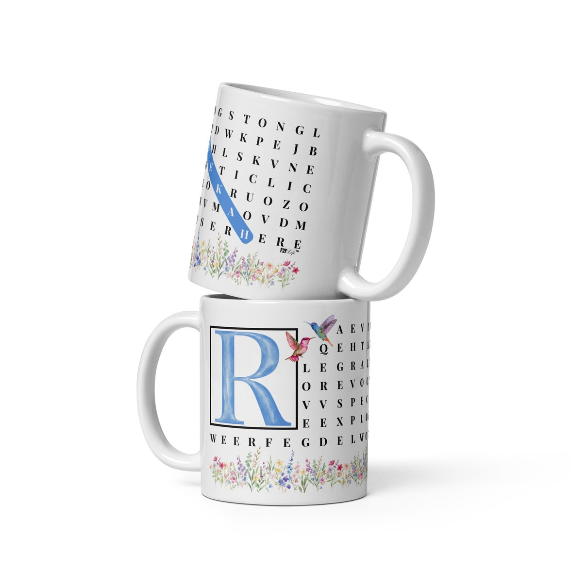 F2F Life floral word search mug with blue initial and name, 11oz glossy ceramic coffee cup