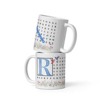 F2F Life floral word search mug with blue initial and name, 11oz glossy ceramic coffee cup