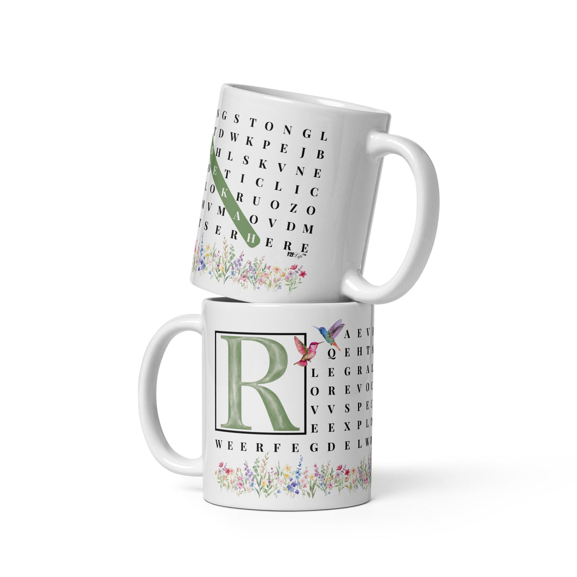 F2F Life floral word search mug with green initial and name, 11oz glossy ceramic coffee cup