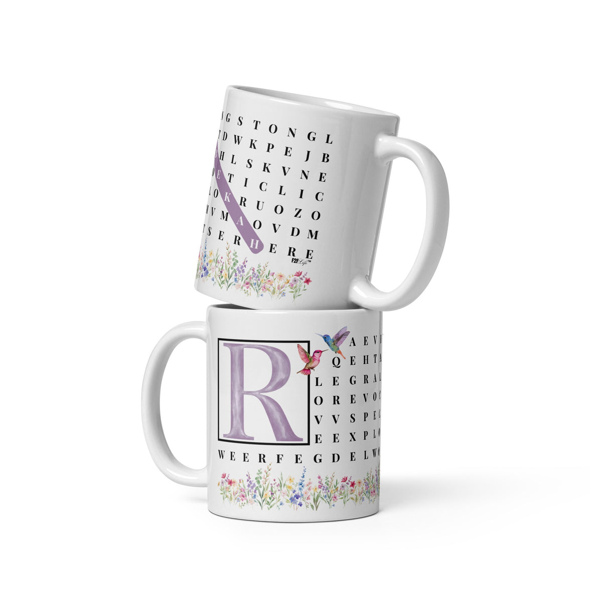 F2F Life floral word search mug with lavender initial and name, 11oz glossy ceramic coffee cup