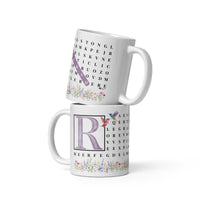 F2F Life floral word search mug with lavender initial and name, 11oz glossy ceramic coffee cup