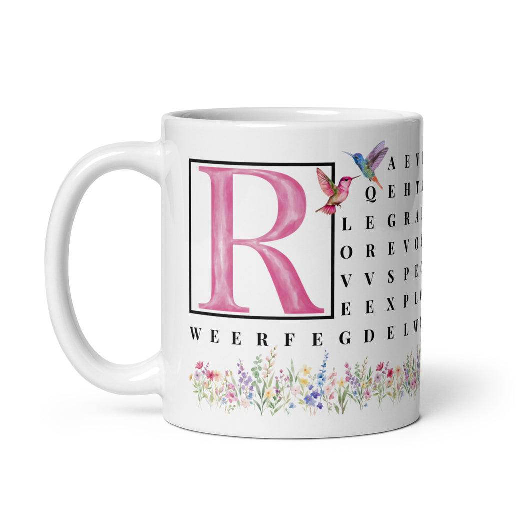 F2F Life floral word search mug with pink initial, 11oz glossy ceramic coffee cup