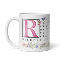 F2F Life floral word search mug with pink initial, 11oz glossy ceramic coffee cup