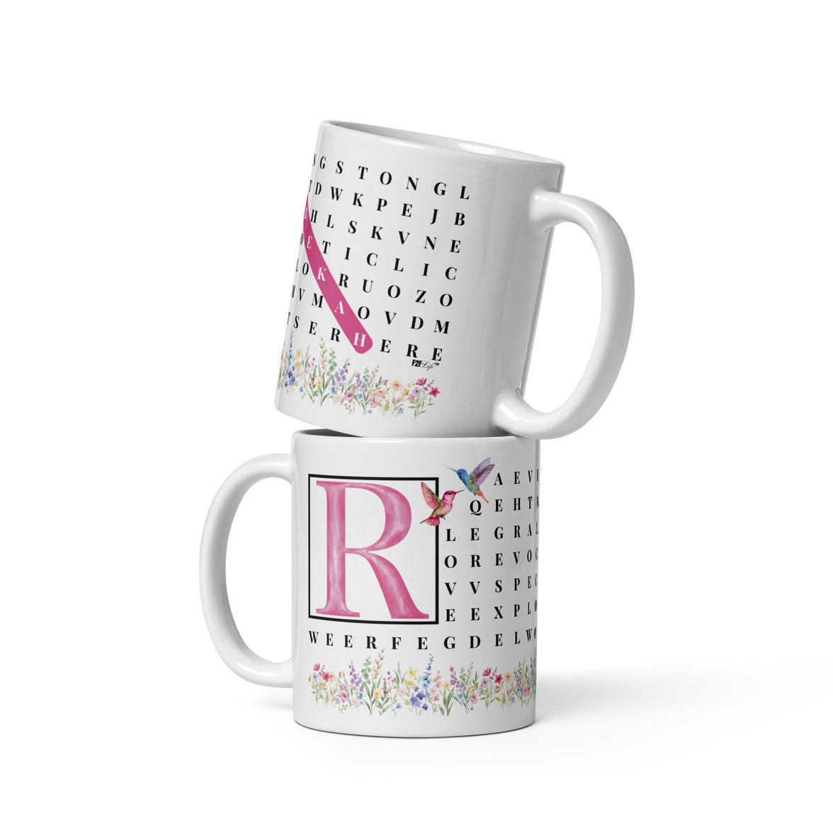 F2F Life floral word search mug with pink initial and name, 11oz glossy ceramic coffee cup