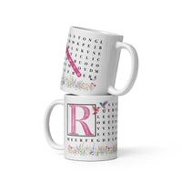 F2F Life floral word search mug with pink initial and name, 11oz glossy ceramic coffee cup