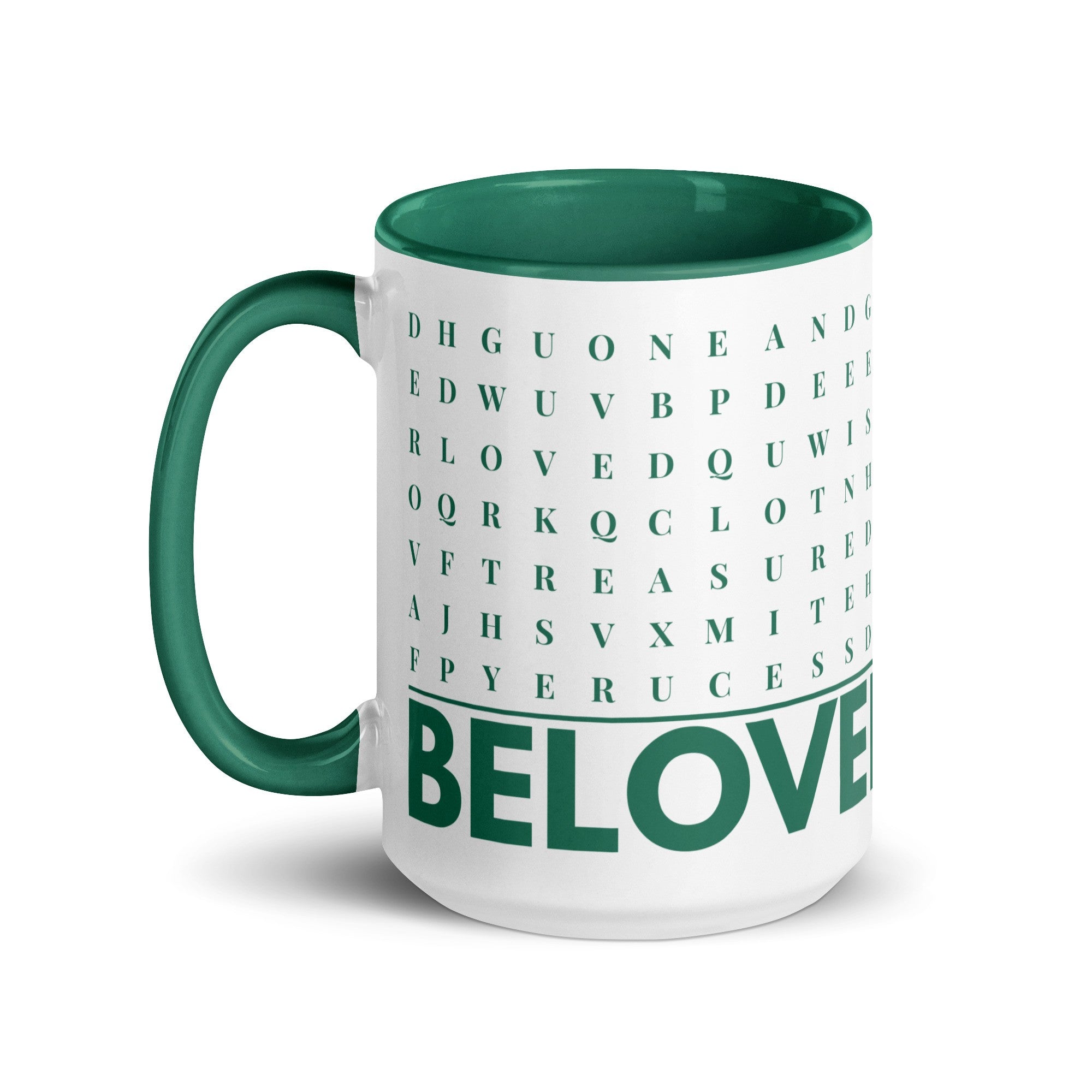 F2F Life green beloved word search mug, 15oz glossy ceramic coffee cup