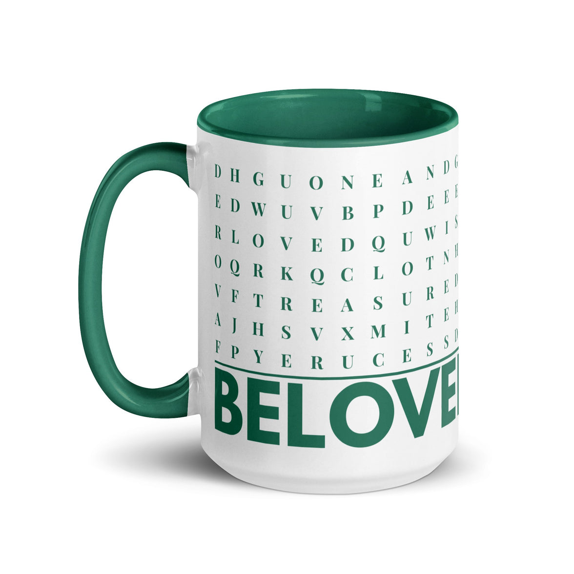 F2F Life green beloved word search mug, 15oz glossy ceramic coffee cup