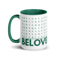 F2F Life green beloved word search mug, 15oz glossy ceramic coffee cup