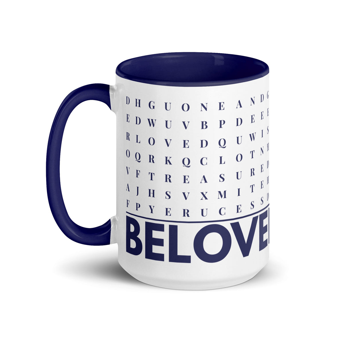F2F Life navy beloved word search mug, 15oz glossy ceramic coffee cup