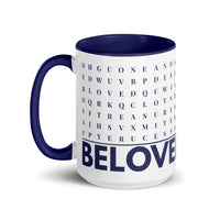 F2F Life navy beloved word search mug, 15oz glossy ceramic coffee cup