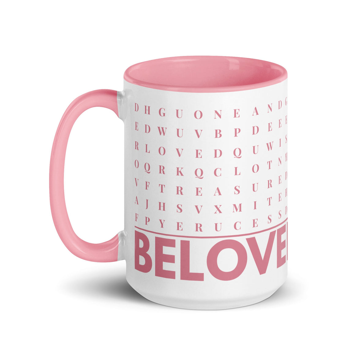 F2F Life pink beloved word search mug, 15oz glossy ceramic coffee cup