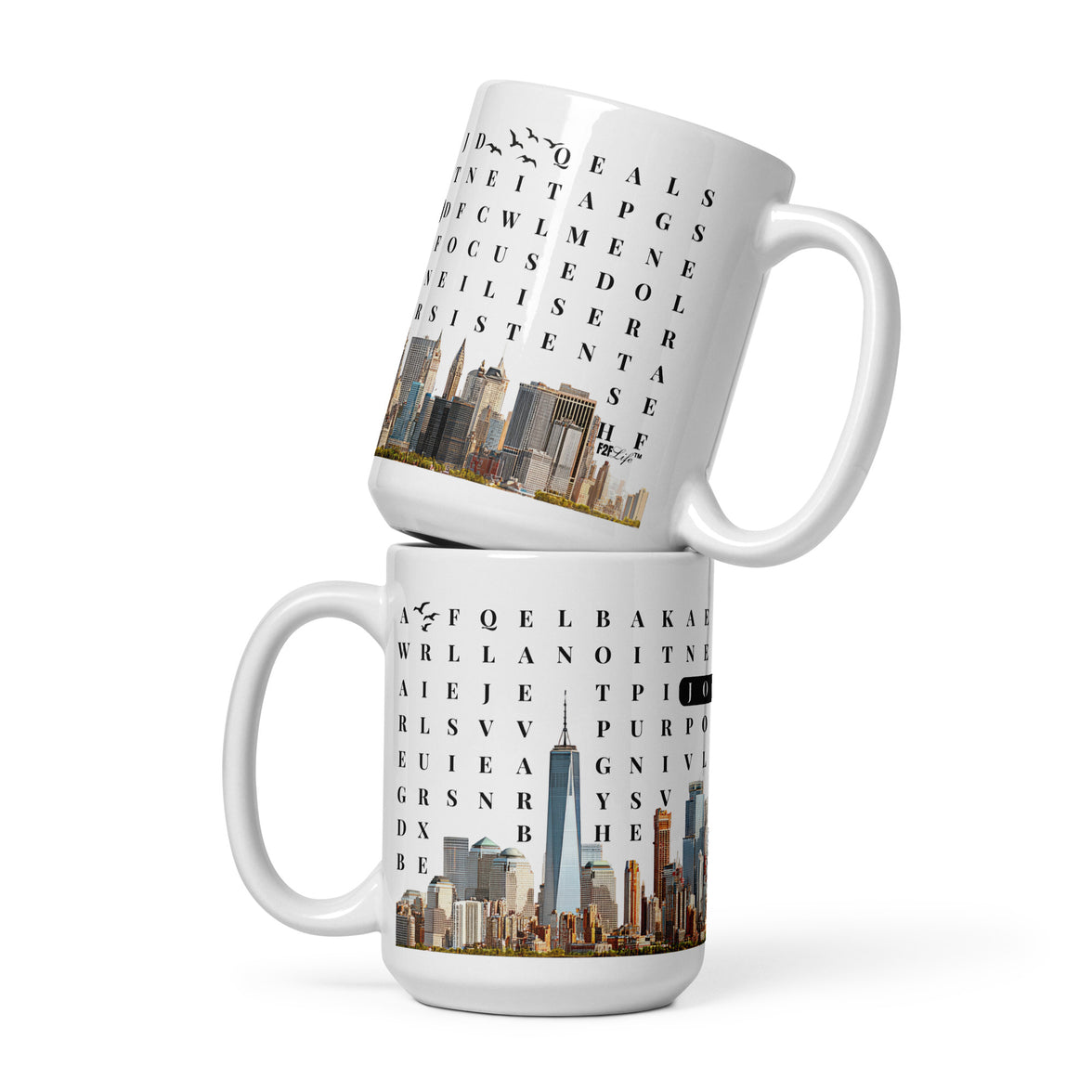 F2F Life Success word search mug with custom name 15oz glossy ceramic coffee cup