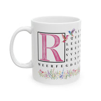 F2F Life floral word search mug with pink initial, 11oz ceramic coffee cup