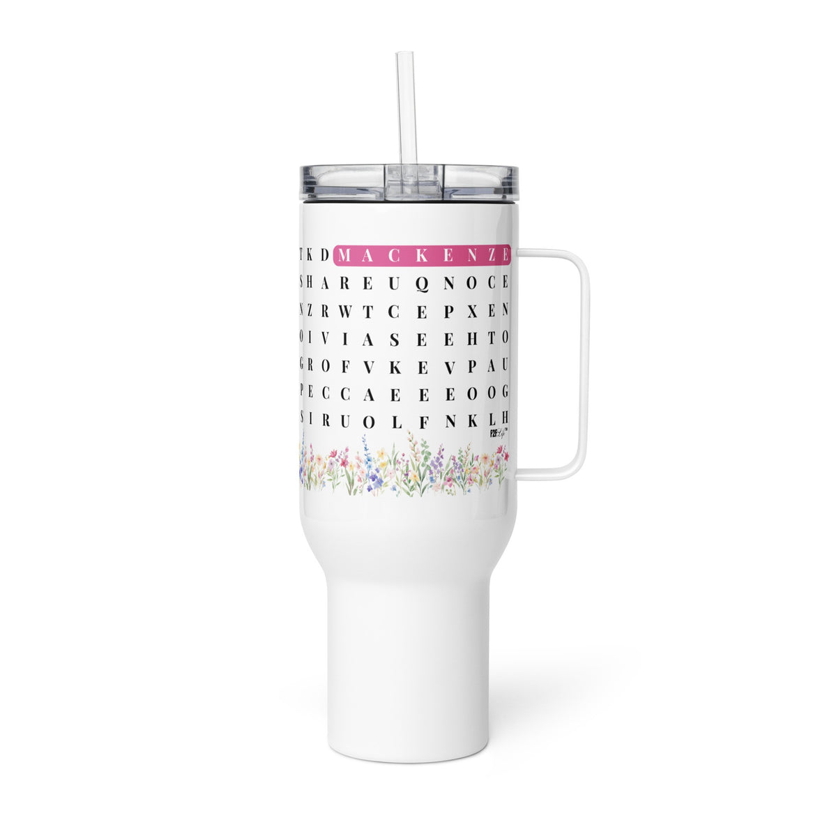 F2F Life personalized word search travel mug with handle and custom name horizontal, 40oz pink
