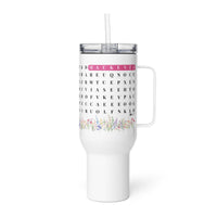 F2F Life personalized word search travel mug with handle and custom name horizontal, 40oz pink